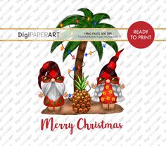 two gnomes under a palm tree with merry christmas message on the front and back