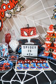 Spider-Man birthday dessert cake table decor Spider Man Birthday Table, Spider Man Birthday Set Up, Spider Man Cake Table, Spider Man Web Decoration, Spider Man 2 Birthday, Spider-man And His Amazing Friends Birthday Ideas, Third Birthday Spiderman