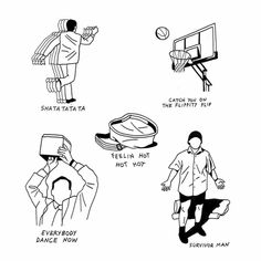 an image of different types of people doing various things in black and white, including basketball hoop