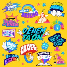 an assortment of stickers on a yellow background with the words open taton in different languages