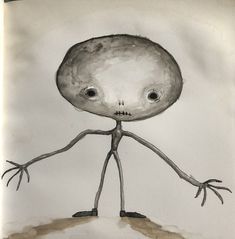 a drawing of an alien standing on top of a dirt hill with his arms and legs spread out