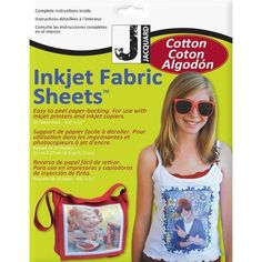 the package contains an image of a woman wearing sunglasses and a t - shirt that says inkjet fabric sheets