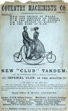 an old advertisement for the new club tandem bicycle, with two men riding on it