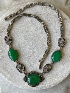 Circa 1920s Beautiful Authentic Art Deco Sterling Silver Green Chrysoprase Marcasite Vintage Antique Necklace Art Deco Jewelry Measeures aprox 17 inches around Vintage Jade Necklace For Formal Occasions, Vintage Oval Jade Necklace, Victorian Oval Green Necklace, Vintage Green Emerald Necklace For Formal Occasions, Ornate Green Oval Necklaces, Antique Green Oval Necklace, Antique Green Jade Necklace, Vintage Green Filigree Necklace, Vintage Green Jade Necklaces