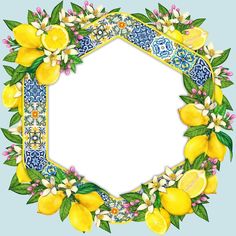 a frame with lemons and flowers on it