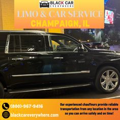 a black suv parked in front of a building with the words limo & car service champion ii