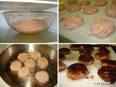 four different pictures show the process of making hamburger pattie patties and how to bake them