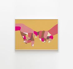 two hands touching each other in front of a yellow wall with pink and brown colors