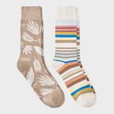 Spruce up your sock drawer with the 2-Pack Leaf Print Novelty Crew Socks from Goodfellow & Co™. This pack includes two pairs of crew socks — one with an allover leaf print and the other with colorful stripes on a white backdrop. Both pairs are made from soft, stretchy fabric with smooth toe seams for comfortable wear, while the banded cuffs offer a secure fit. Pair them with a variety of footwear for versatile styling options. Goodfellow & Co™: Feel good in what you wear, anywhere. Huf Socks, Adidas Socks, Mens Fur, Mens Dress Socks, Sock Drawer, Mens Crew Socks, Target Clothes, Black Socks, White Backdrop