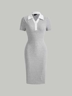 Contrast Collar Button Front Dress Light Grey Elegant  Short Sleeve Knitted Fabric Colorblock Bodycon Slight Stretch Summer Women Clothing, size features are:Bust: ,Length: ,Sleeve Length: Sixth Form Outfits, High Fashion Outfits, Button Front Dress, Contrast Collar, Women Midi, Kids Beachwear, African Dress, Collar Dress, Womens Midi Dresses