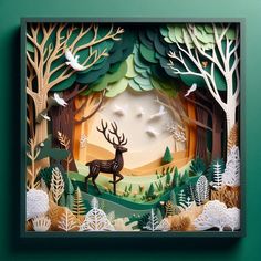 a paper cut deer surrounded by trees and birds