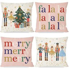 three pillows with different designs on them, one has a christmas tree and the other has a nutcracker