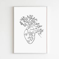 a black and white drawing of a tree in a heart shaped vase on a wall