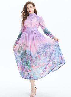 Oasis-like in its serene palette, this dress is a breath of fresh air with its fluid, pastel tones and delicate floral imagery. A vision of springtime charm, the high collar and long sleeves offer a dignified silhouette, while the gentle gathering at the waist cascades into a flowy skirt that dances around the calves. Each brushstroke of the print evokes a dreamy garden, with flowers in bloom and exotic birds in mid-flight, transforming the fabric into a wearable piece of art. Fastened with a neat row of buttons along the bodice and wrists, this dress marries simplicity with sophistication. Ideal for daytime events or enchanting evenings, it's a statement garment that doesn't shout but rather, whispers elegance. Fabric name: chiffonPattern: printingSleeve length: long sleevesMain fabric co Garden With Flowers, Dreamy Garden, Flowers In Bloom, Exotic Birds, Breath Of Fresh Air, Holiday Dress, Flowy Skirt, Blooming Flowers, In Bloom