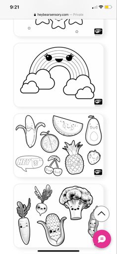 an iphone screen showing the different types of fruits and vegetables in black and white, with text