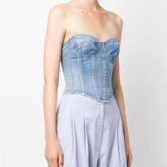 Petite Denim Corset Top Blue Us Size 2 U Fitted Light Blue Cotton Jeans, Fitted Blue Denim Top For Spring, Fitted Light Indigo Jeans For Summer, Fitted Light Blue Denim Top For Summer, Fitted Light Blue Denim Top, Light Indigo Fitted Denim Tops, Fitted Denim Blue Cotton Top, Fitted Blue Denim Top, Fitted Light Wash Denim Top