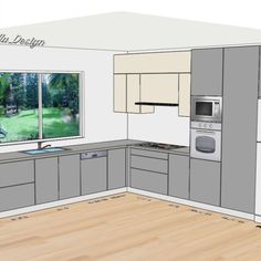 a drawing of a kitchen with wood flooring and cabinets, an oven, microwave, sink, stove top and window