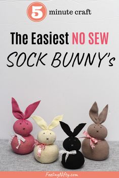 the easter no sew sock bunny's is featured in this postcard for five minute craft