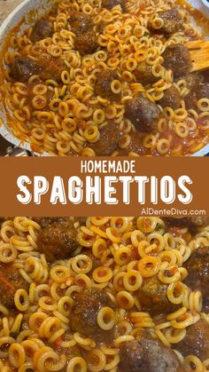 homemade spaghetti and meatballs recipe in a skillet with text overlay that reads homemade spaghetti and meatballs