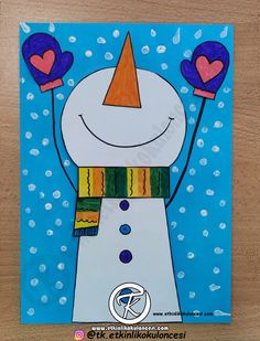 a card with a snowman wearing a hat and mittens on it's head