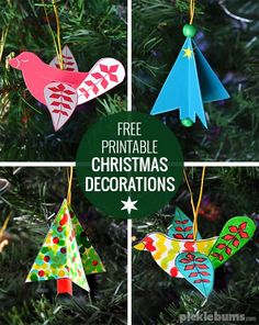 three christmas decorations hanging from a tree with the words, free printable christmas decorations