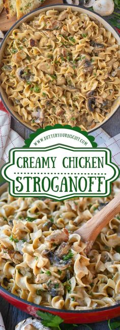 creamy chicken stroganonoff in a red casserole dish