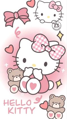 a hello kitty sticker with teddy bears and hearts on the bottom half of it