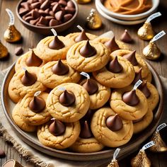 a plate full of peanut butter cookies with chocolate chips and candy in the background on a wooden table