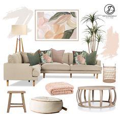 the living room is decorated in neutral tones with pink and green accents on the walls