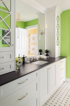 My Classic Black and White Bathroom Reveal; Before & After Green And White Bathroom Ideas, White Wall Colors, Green And White Bathroom, Guest Bathroom Remodel Ideas, Design Of Bathroom, Bathroom Styling Ideas, Colourful Walls, Bathroom Vanity Black, Nice Bathrooms