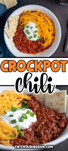 crockpot chili with cheese and tortilla chips on the side in a white bowl