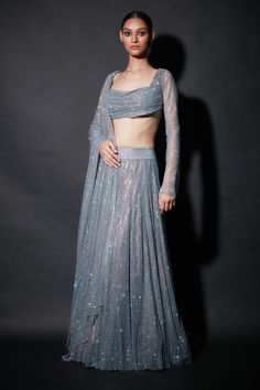 Itrh-Dark Grey Embellished Lehenga Set-INDIASPOPUP.COM Modern Lehenga, Embellished Lehenga, Grey Lehenga, Full Sleeve Blouse, Prom Inspo, Emerging Designers Fashion, Royalty Aesthetic, Indian Fashion Saree