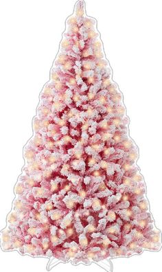 a pink and white christmas tree with snow on it's branches, against a white background