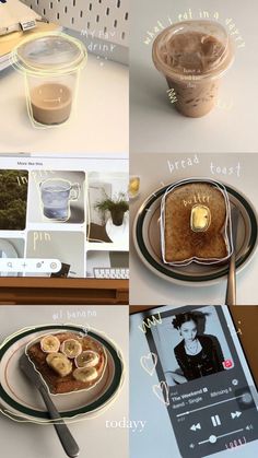 four different pictures of food on plates and in cups with the words bread toast written above them