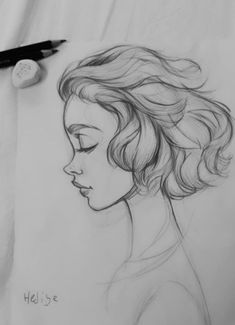 a pencil drawing of a woman's head with her eyes closed and hair blowing in the wind