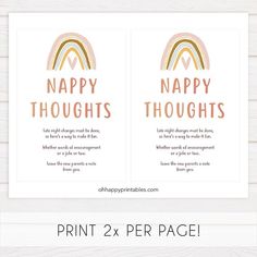 two printable cards with the words happy thoughts and rainbows in pink, gold and white