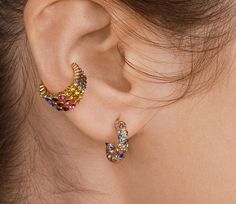 Multi Color 3 Tiered Set in Gold - You-nique Bou-tique Earring Stacks, Simple Ear Cuff, Pride Earrings, Earring Stack, Piercing Earrings, Mail Post, Wrap Earrings, Ear Cuff Earings, Fancy Diamonds