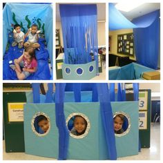 three pictures of children in a play area with blue walls and dr seuss's castle