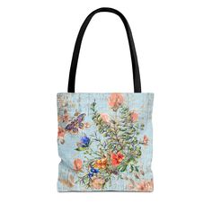 Butterfly Blooms: Women's Small Tote Bag with Spring Bouquet on Robin's Egg Blue - Eddy and Rita Floral Print Shoulder Bag Spring Gift, Elegant Blue Bags With Floral Print, Elegant Blue Floral Print Bags, Blue Floral Print Shoulder Bag For Spring, Blue Backdrop, Delicate Butterfly, Robin's Egg Blue, Blue Backdrops, Spring Bouquet