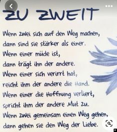 a poem written in german on a piece of paper with blue flowers and writing underneath it