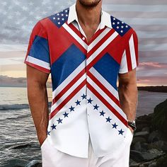 Category:Shirt; Season:Summer; Fabric:Polyester; Sleeve Length:Short Sleeve; Look After Me:Machine wash,Washable; Gender:Men's; Style:Resort Style; Elasticity:Inelastic; Occasion:Outdoor,Casual,Holiday; Fit Type:Regular Fit; Pattern:National Flag,American / USA,American Flag; Design:Buttons,Pocket; Neckline:Turndown; Brand:OUKU; Listing Date:06/19/2024; Festival:American Independence Day White American Flag Print Top For The Beach, White American Flag Print Top For Beach, White American Flag Print Tops For Beach, American Flag Print Summer Beach Top, White Tops With American Flag Print For Beach, American Flag Print Beach Top For Summer, Spring Beach Tops With Flag Print, Patriotic Blue Tops For Summer, Casual American Flag Print Top For Vacation