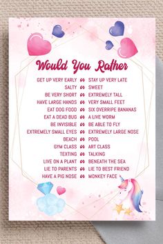 a card with the words would you rather be married? and hearts in pink on it