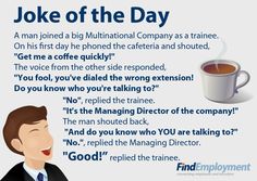 a man in a suit and tie next to a coffee cup with the words joke of the day