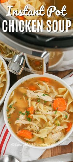 instant pot chicken soup in a white bowl