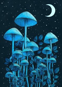 blue mushrooms in the night sky with stars and moon above them, as well as leaves