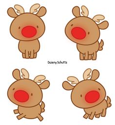 four different images of reindeers with red noses