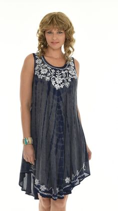 "Look and Stay comfy in this flowing black sleeveless dress featuring an intricate tie-dye pattern, adorned with floral embroidery on the neck and hem, featuring a curved hem for extra flair. This dress is a lightweight, relaxed fitting, endlessly flattering, and perfect for comfortable casual summer wear. This summer dress is ideal for many events, such as an evening stroll, a late-night BBQ, a beach day, a vacation, a poolside relaxation, a boardwalk promenade, or just a cozy stay-at-home. It Black Bohemian Sleeveless Sundress, Flowy Bohemian Sleeveless Tank Top, Bohemian Flowy Sleeveless Tank Top, Summer Tie Dye, Casual Summer Wear, Black Embroidery, Scoop Neck Dress, Dress Beach, Tie Dye Designs