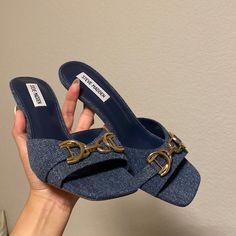 Size 8 Never Worn Just Tried On! Trendy Blue Denim Heels, Denim Mules, Women Slides, Swim Shoes, Mule Sandals, Leather Mary Janes, Leather Mules, Slipper Shoes, Tan Suede