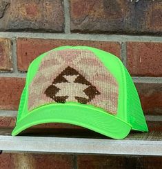 Handmade Kilim Trucker Hat- Neon Green with awesome Kilim Turkish remnant Green Rodeo Hat One Size Fits Most, Green Western Hat For Outdoor, Western Green Hat For Outdoor, Trendy Green Hat For Festivals, Trendy Green Hat For Festival, Trendy Green Festival Hat, Green Flat Brim Festival Hat, Green Snapback Hat With Short Brim, Artisan Green Hat With Flat Brim