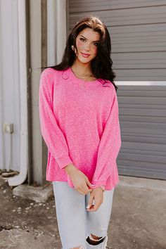 – This sweater is giving fun and cozy vacay vibes – Lightweight and stretchy knit material – Round neckline with ribbed detail – Long, loose sleeves with fitted cuffs – Relaxed flattering silhouette that ends in a straight hemline Measurements S : Bust 46", Hip 46", Length 25", Sleeve Length 24", Waist 46". M : Bust 48", Hip 48", Length 25", Sleeve Length 24.5", Waist 48". L : Bust 50", Hip 50", Length 25", Sleeve Length 24.5", Waist 50". Trendy Winter Sweater For Lounging, Stretch Long Sleeve Sweater For Day Out, Casual Pink Sweater With Ribbed Cuffs, Trendy Long Sleeve Top With Cozy Fit, Trendy Knit Sweatshirt, Trendy Stretch Sweater With Ribbed Neckline, Casual Knit Sweater For Lounging, Trendy Lounging Tops, Pink Knit Sweatshirt